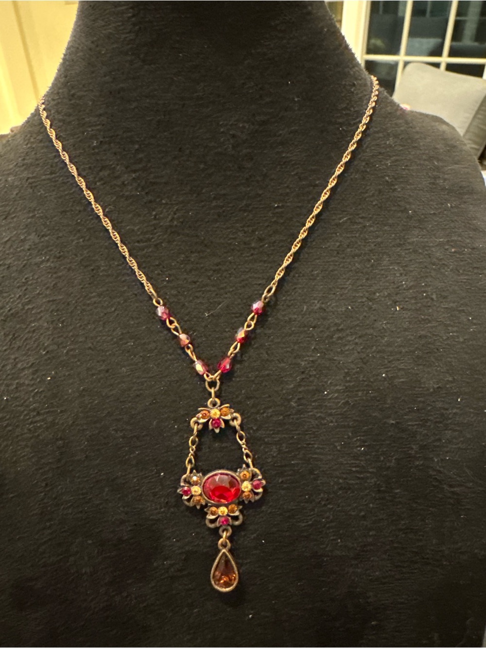 1928 Jewelry Vintage Style Red Rhinestone Floral Drop Pendant Necklace